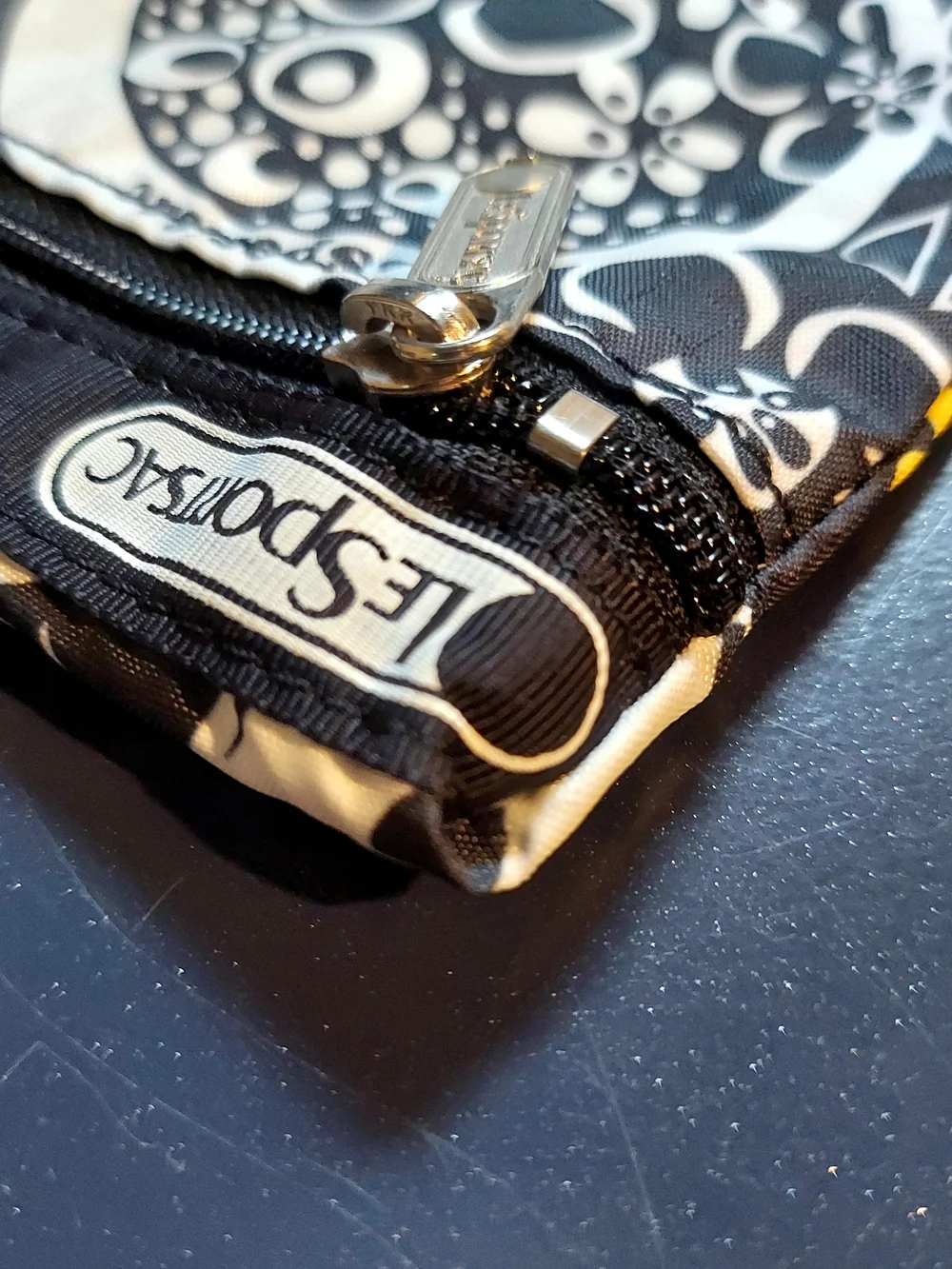 LeSportsac Floral Print Zip Pouch in Black & White with Yellow Accent 7.5 x 9.5